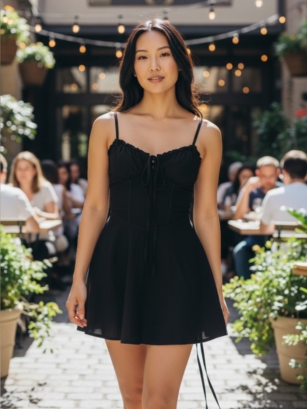 Windsor Black Spaghetti-Strap Fit & Flare Mini Dress Coquette Ties on the back